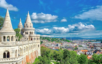 Fisherman's Bastion overlooking Budapest cityscape, Hungary.