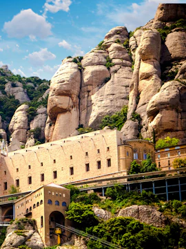Benedictine Abbey of Montserrat nestled in rocky mountains near Barcelona, Spain.