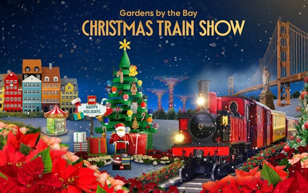 Gardens by the Bay Christmas train show with festive decorations and iconic landmarks.