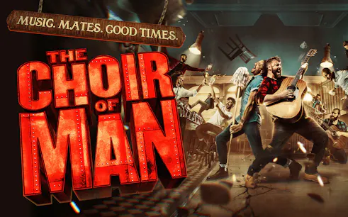 The Choir of Man performance with musicians and dancers in a lively pub setting.