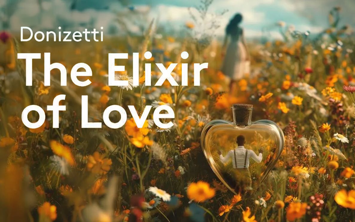 Donizetti's "The Elixir of Love" title over a field of wildflowers with a heart-shaped bottle.