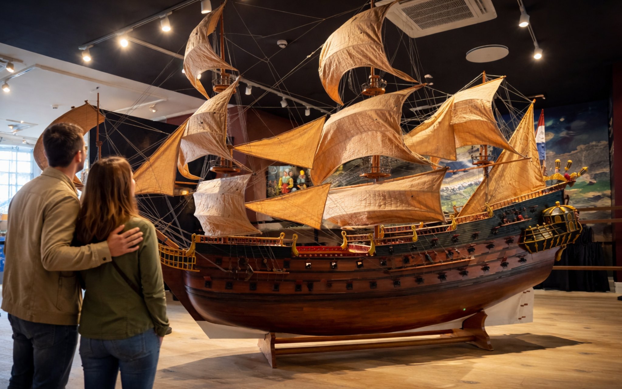Couple admiring a large ship model at Miniature Museum, Amsterdam.