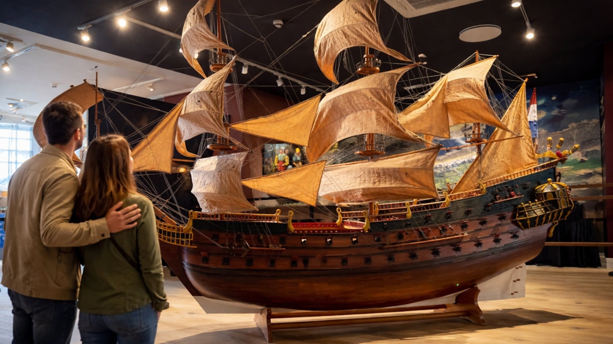Couple admiring a large ship model at Miniature Museum, Amsterdam.