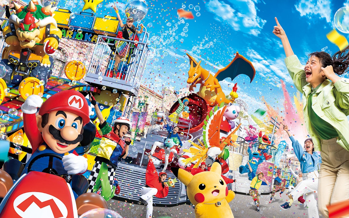 Visitors enjoying Mario Kart attractions at Universal Studios Japan.