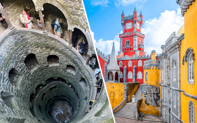 Quinta da Regaleira's Initiation Well and Pena Palace's colorful facade in Sintra, Portugal.