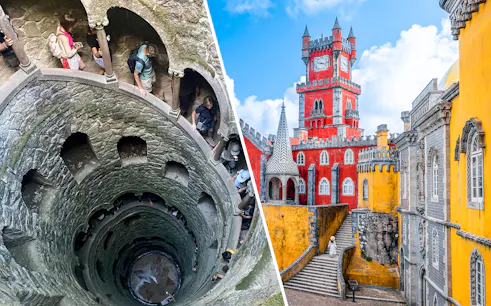 Quinta da Regaleira's Initiation Well and Pena Palace's colorful facade in Sintra, Portugal.