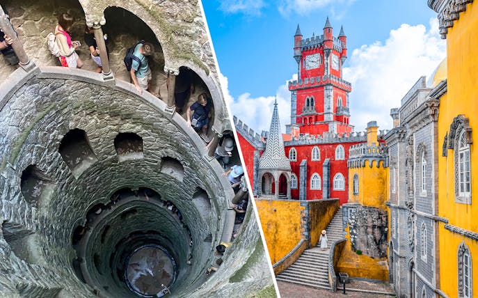 Quinta da Regaleira's Initiation Well and Pena Palace's colorful facade in Sintra, Portugal.