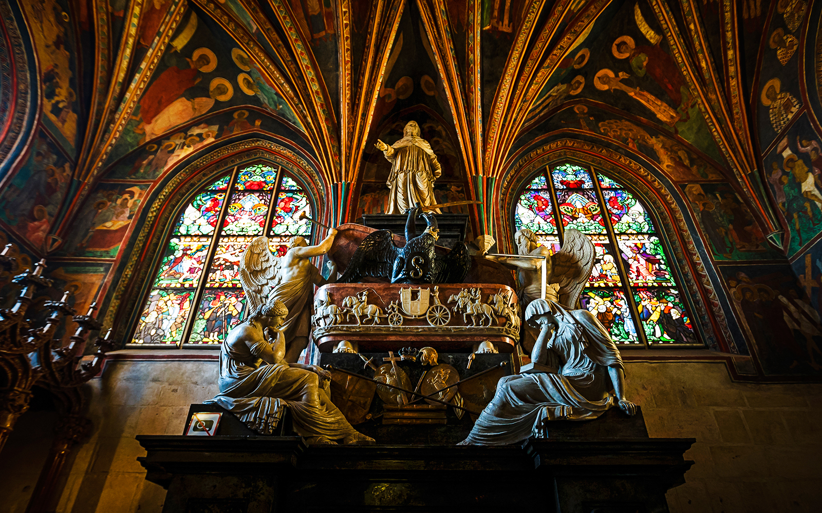 Stained glass and sculptures inside Wawel Cathedral, Krakow.