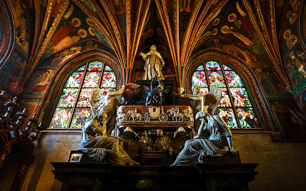 Stained glass and sculptures inside Wawel Cathedral, Krakow.