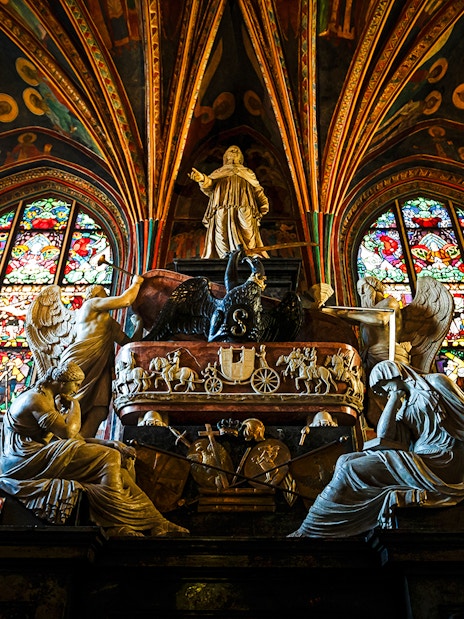 Stained glass and sculptures inside Wawel Cathedral, Krakow.