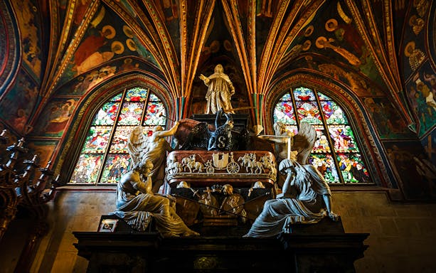 Stained glass and sculptures inside Wawel Cathedral, Krakow.