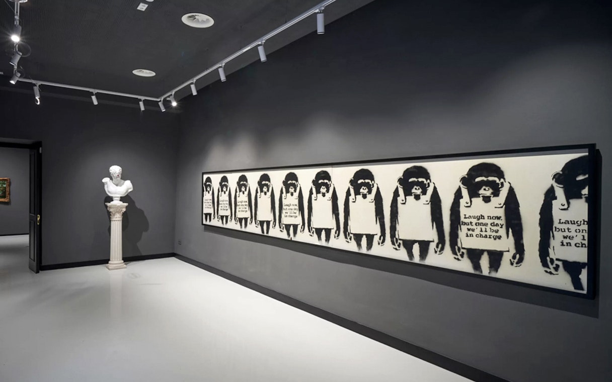 Banksy artworks displayed at Moco Museum in Barcelona.