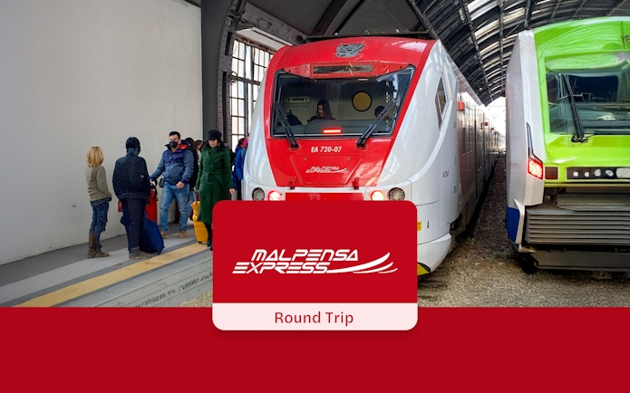 Passengers boarding Malpensa Express train at Milan Central Station.