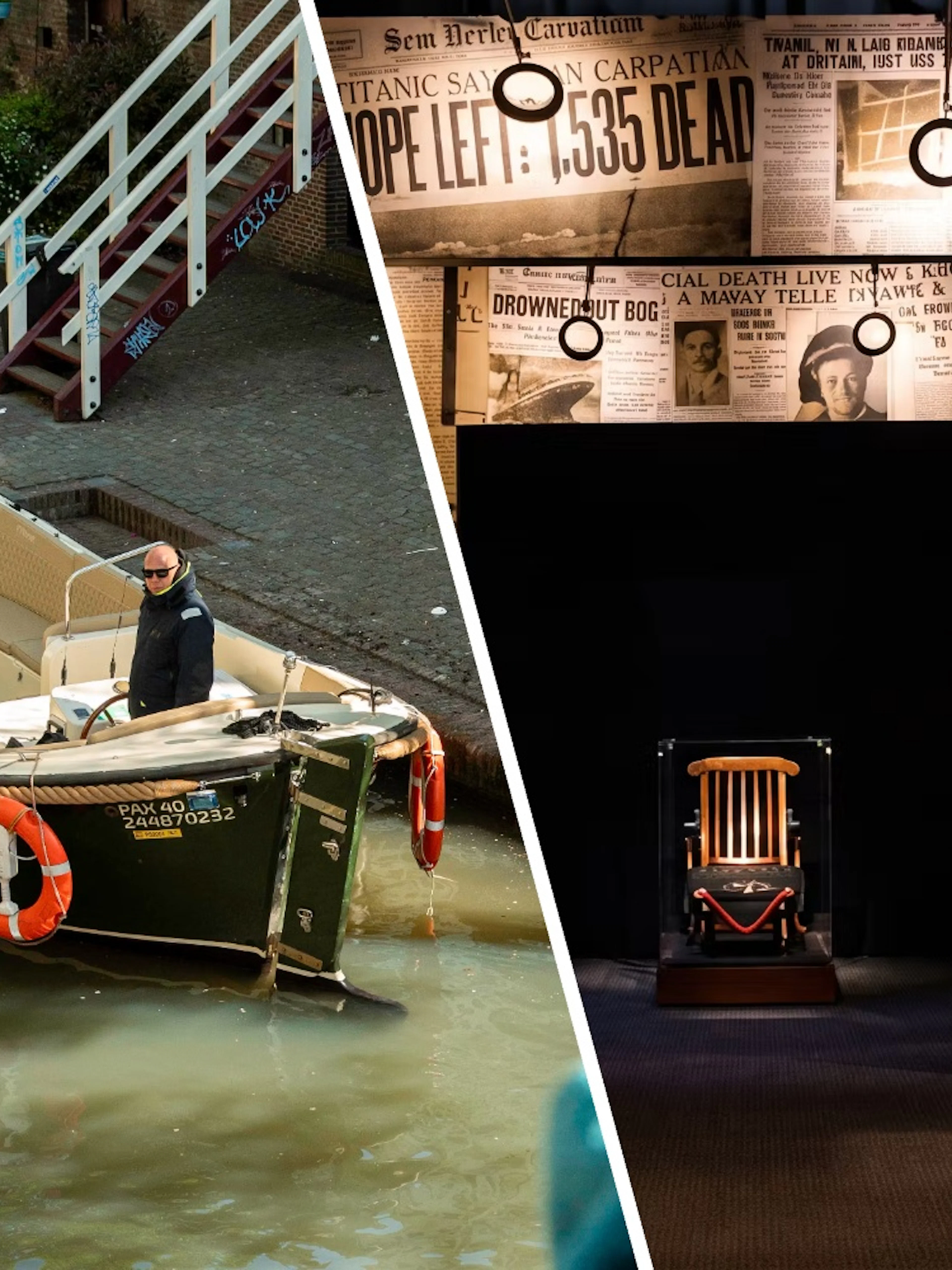 Utrecht canal boat and Titanic exhibit with historical newspapers.