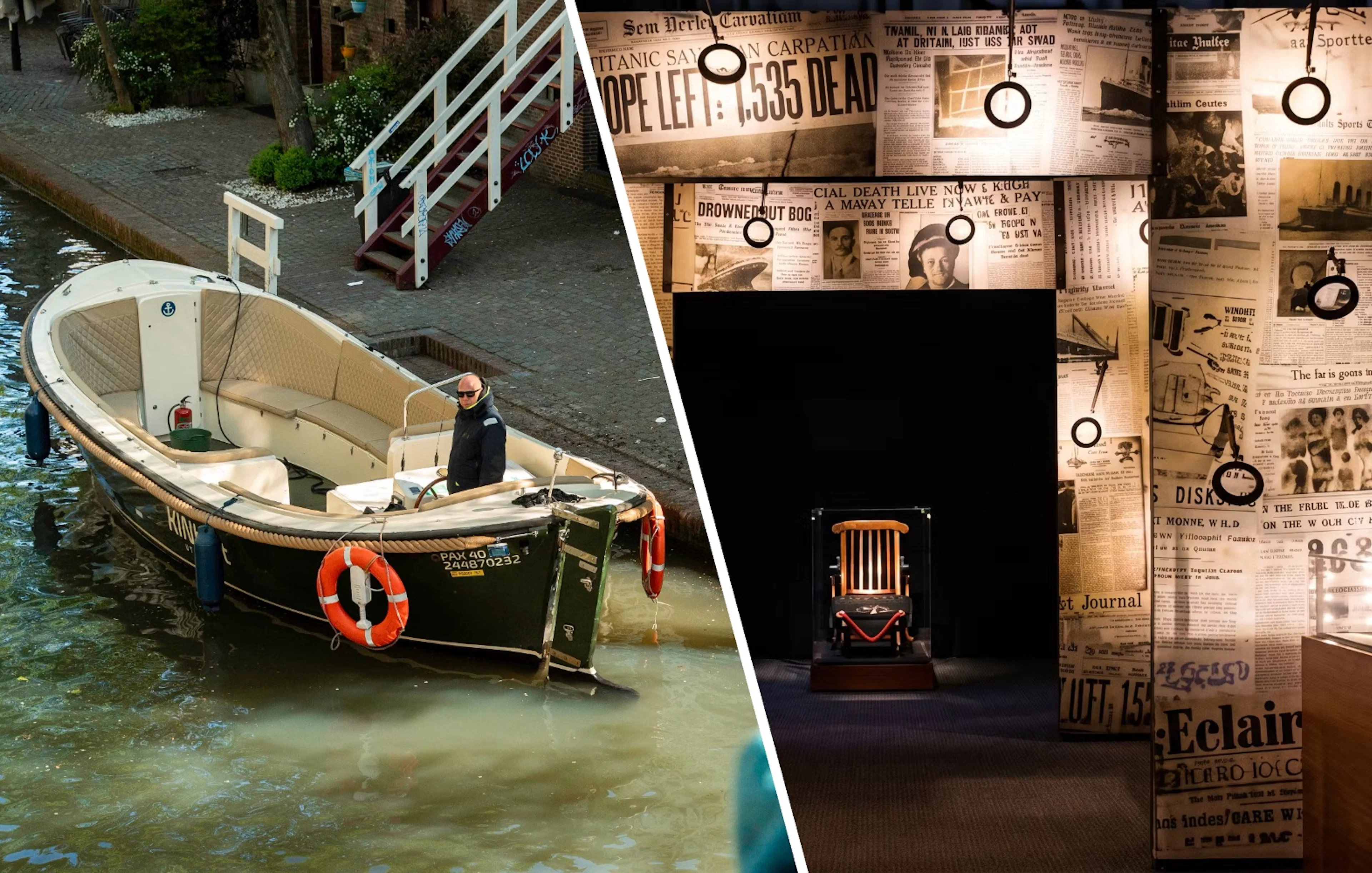 Utrecht canal boat and Titanic exhibit with historical newspapers.