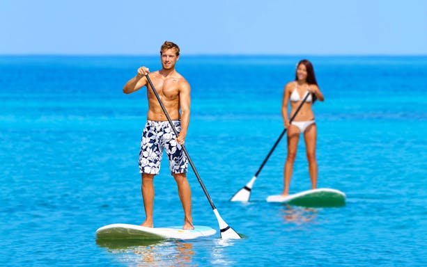Paddleboarding on clear blue waters during Tongarra Sail Day Tour.