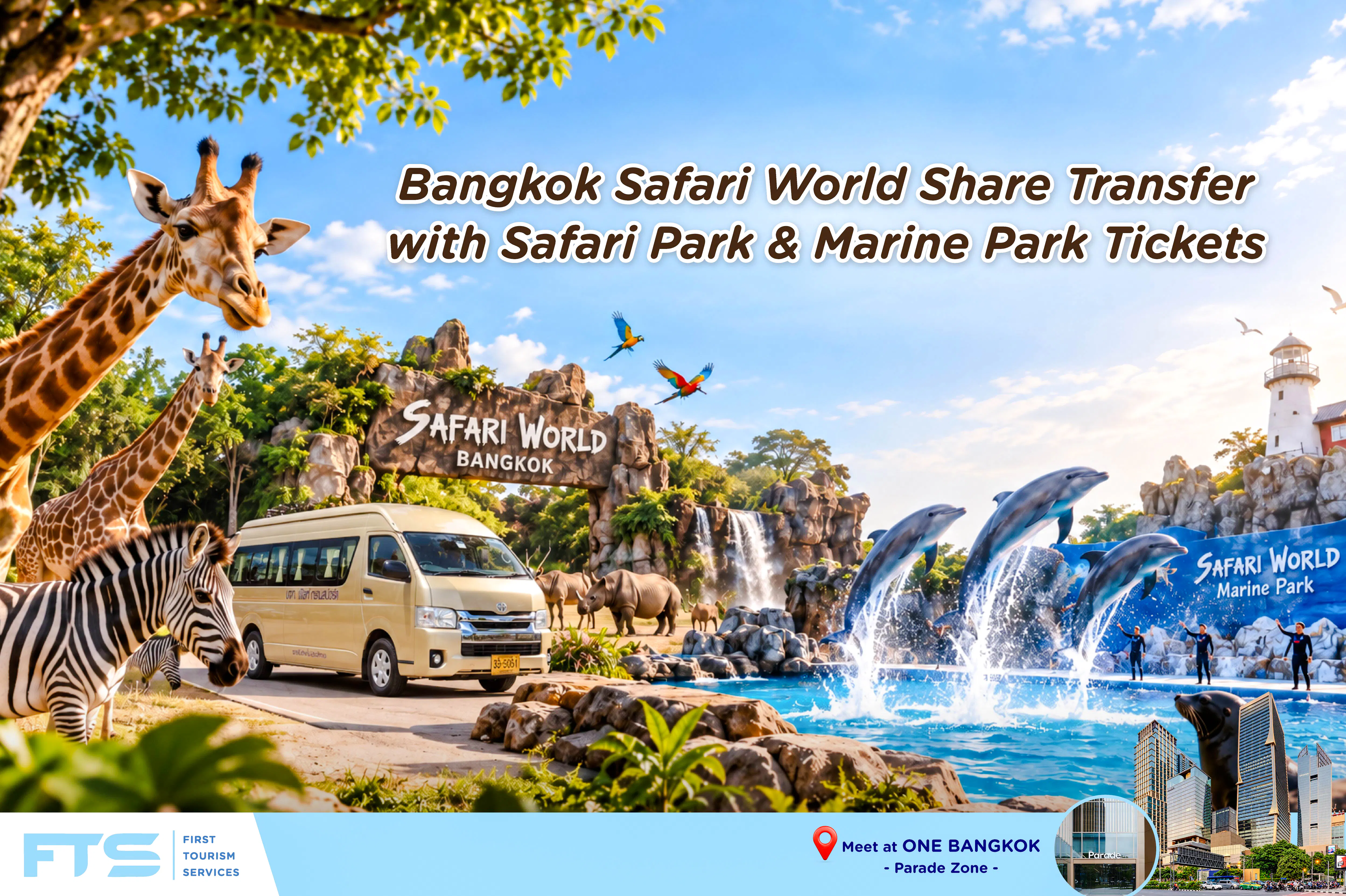 Safari World entrance with giraffes, zebras, and dolphins at Bangkok Safari Park and Marine Park.