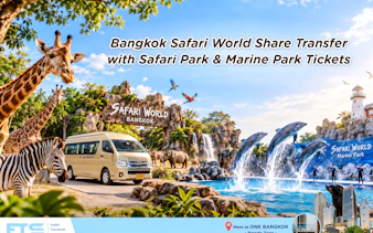 Safari World entrance with giraffes, zebras, and dolphins at Bangkok Safari Park and Marine Park.