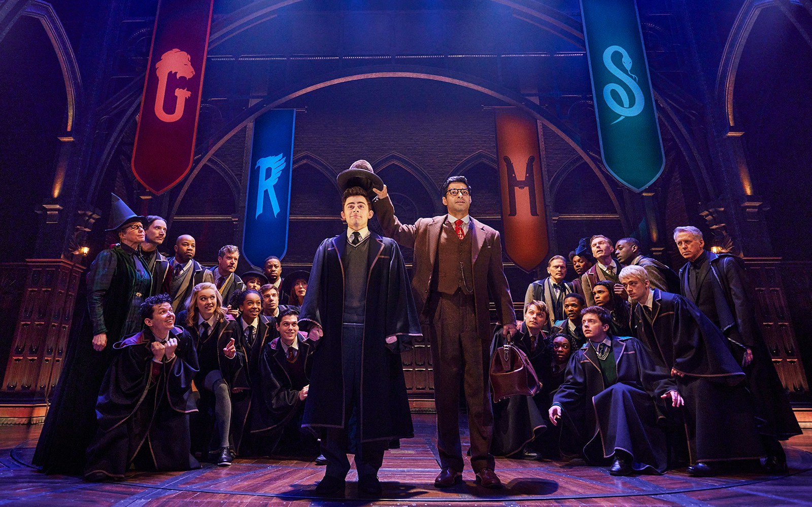 Sorting Hat ceremony scene from Harry Potter and the Cursed Child stage production.