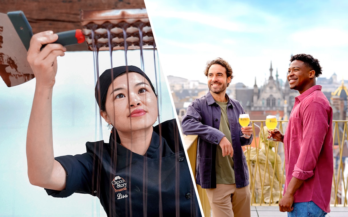 Chocolatier crafting chocolate at Choco-Story Brussels and two men enjoying beer with city view.