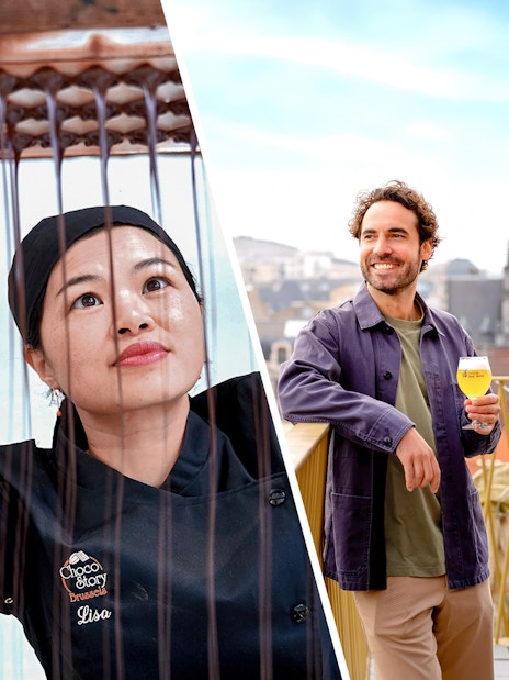 Chocolatier crafting chocolate at Choco-Story Brussels and two men enjoying beer with city view.