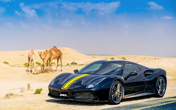 Black supercar parked in Dubai desert with camels in the background.