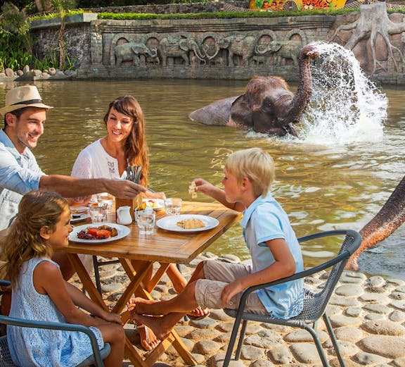 Family dining near elephants at Bali Zoo, Indonesia.