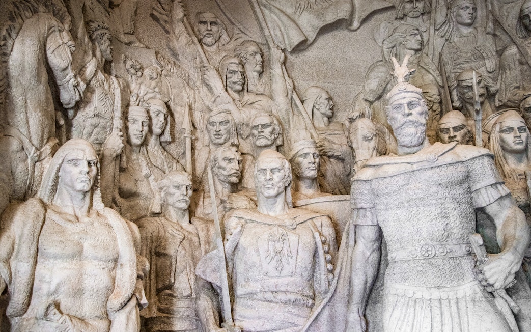 Stone relief depicting historical figures at the Skanderbeg Museum in Kruja, Albania.