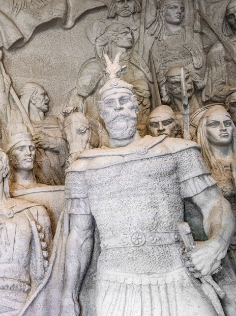 Stone relief depicting historical figures at the Skanderbeg Museum in Kruja, Albania.