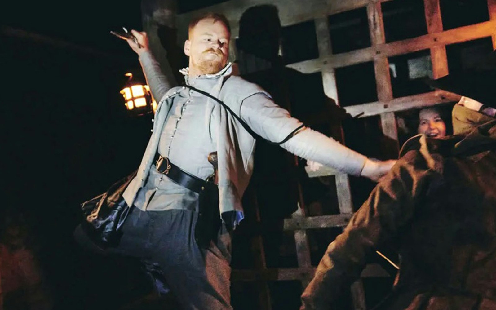 Man in historical costume acting out a scene from The Gunpowder Plot.
