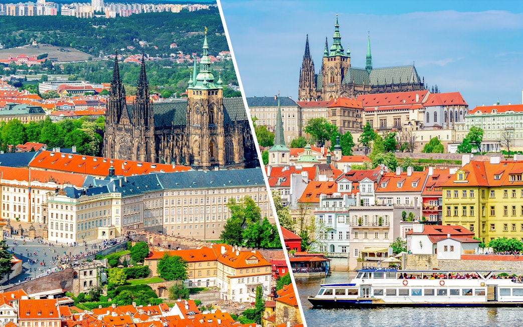Prague Castle and Vltava River cruise boat with cityscape in the background.