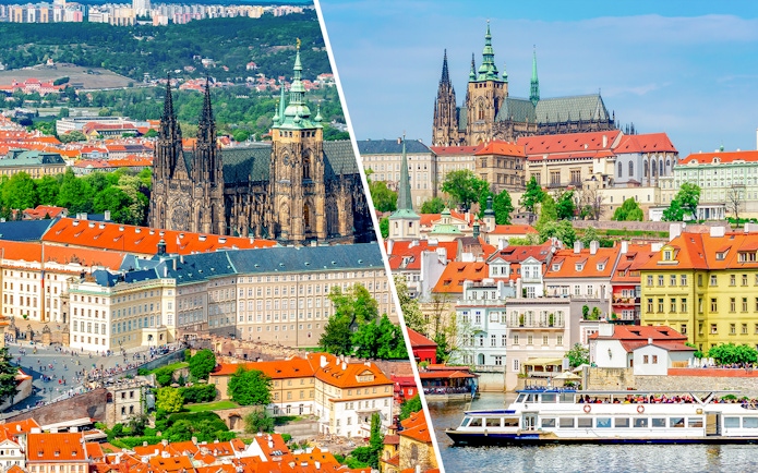 Prague Castle and Vltava River cruise boat with cityscape in the background.
