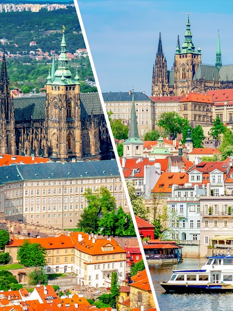 Prague Castle and Vltava River cruise boat with cityscape in the background.