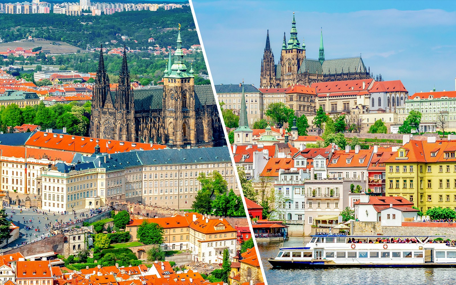 Prague Castle and Vltava River cruise boat with cityscape in the background.