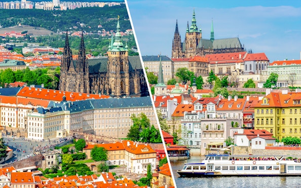 Prague Castle and Vltava River cruise boat with cityscape in the background.