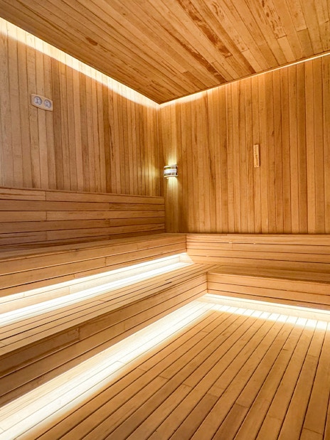 Aqua field sauna interior at VinPearl Harbour Nha Trang, Vietnam.