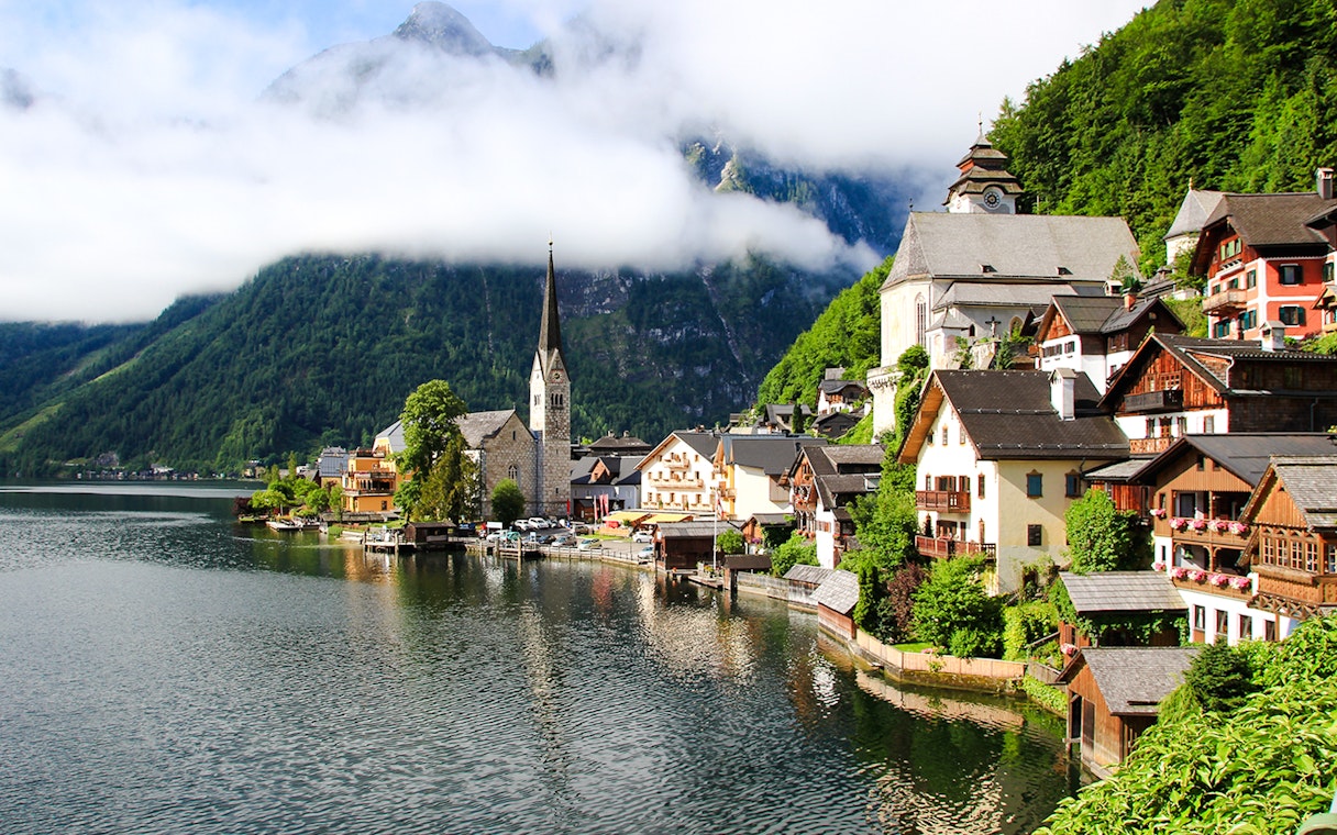 Hallstatt old town with church and lake, Austria.