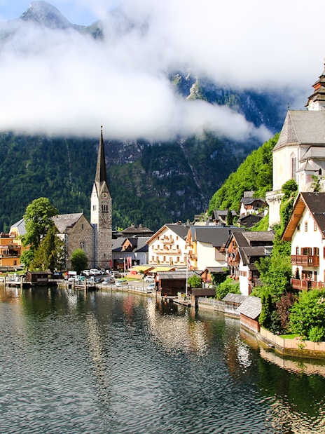 Hallstatt old town with church and lake, Austria.