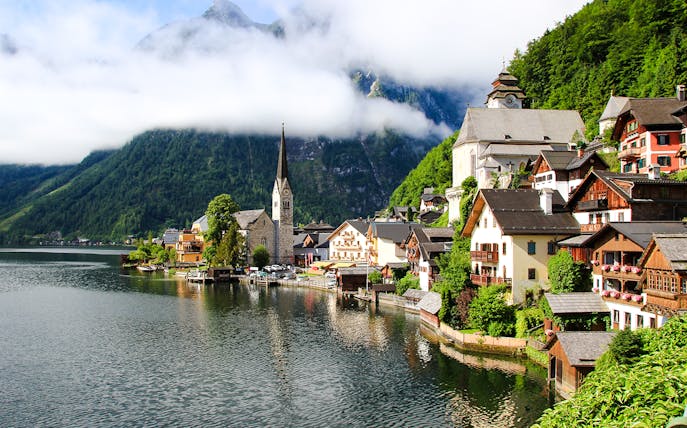 Hallstatt old town with church and lake, Austria.