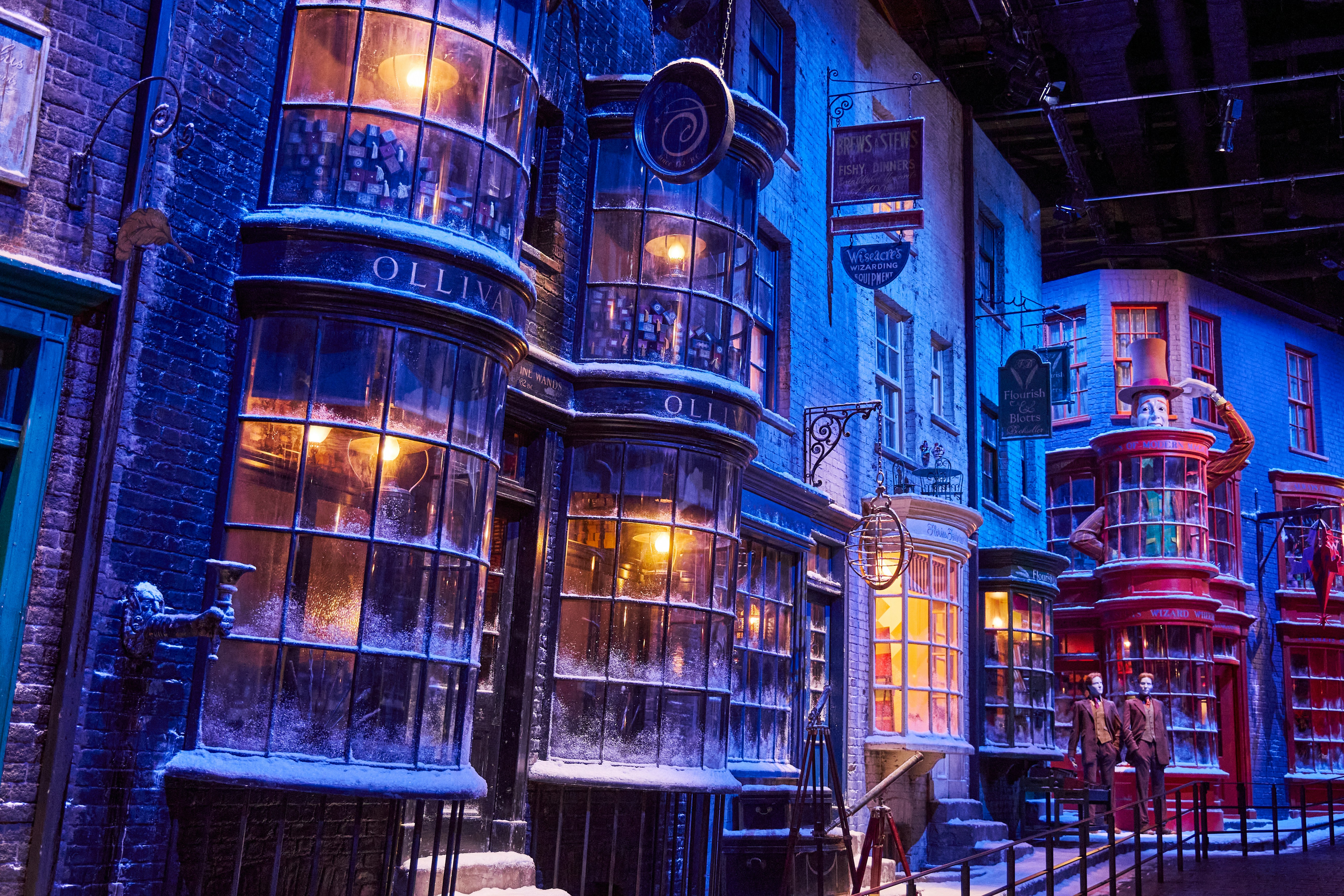 Diagon Alley at Christmas, featuring Ollivander's wand shop, at The Making of Harry Potter Studio Tour in Tokyo.