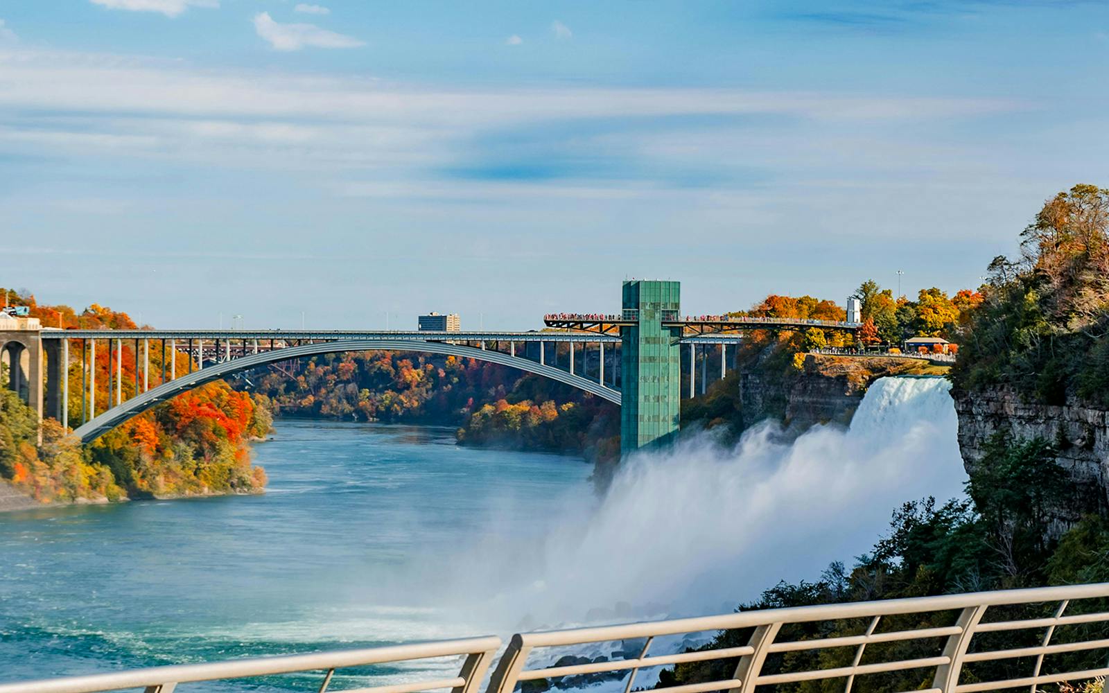 Niagara Falls view with bridge and observation tower during boat tour.