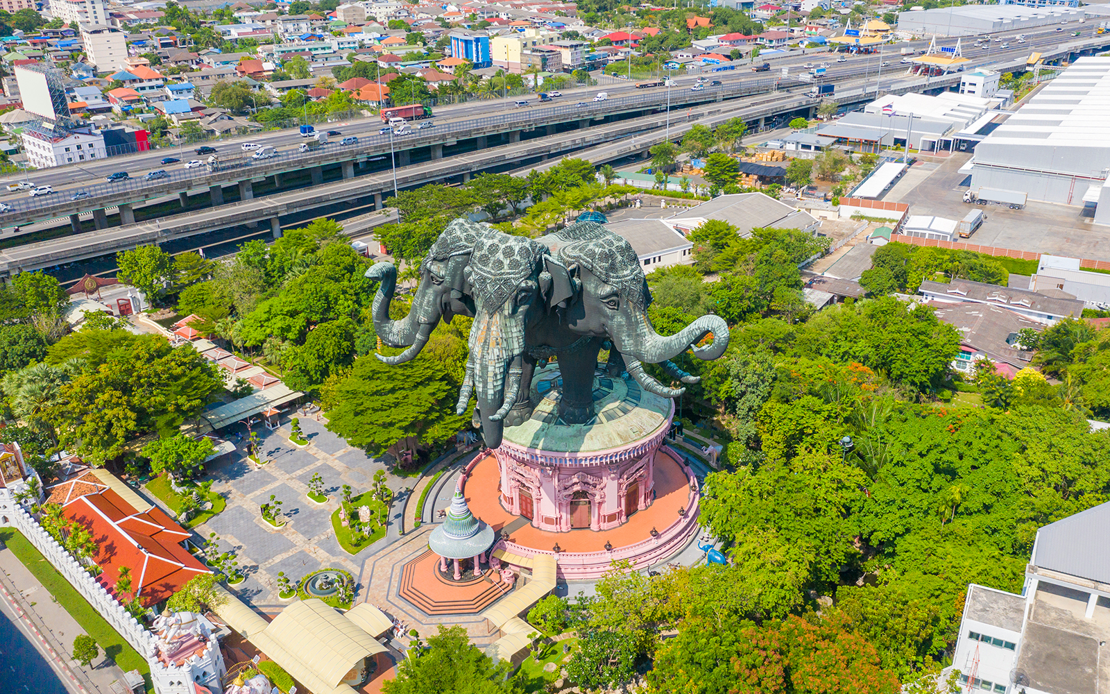 Aerial view of Erawan Museum's three-headed elephant sculpture in Samut Prakan, Thailand.