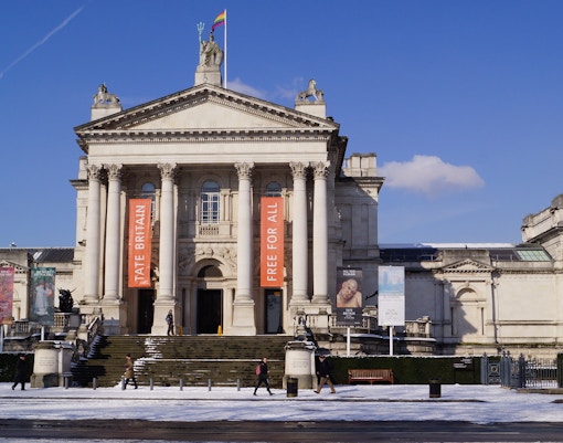 Tate Britain entrance with banners in London, showcasing British art.
