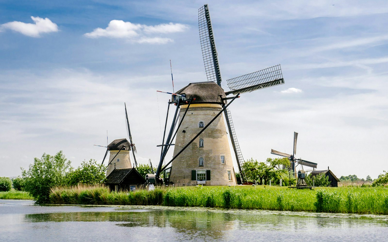 Windmills at Kinderdijk with lush greenery and a canal in the foreground.