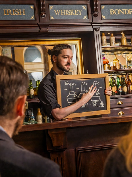 Guests learning about whiskey distillation at the Irish Whiskey Museum tour.