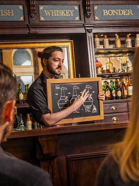 Guests learning about whiskey distillation at the Irish Whiskey Museum tour.