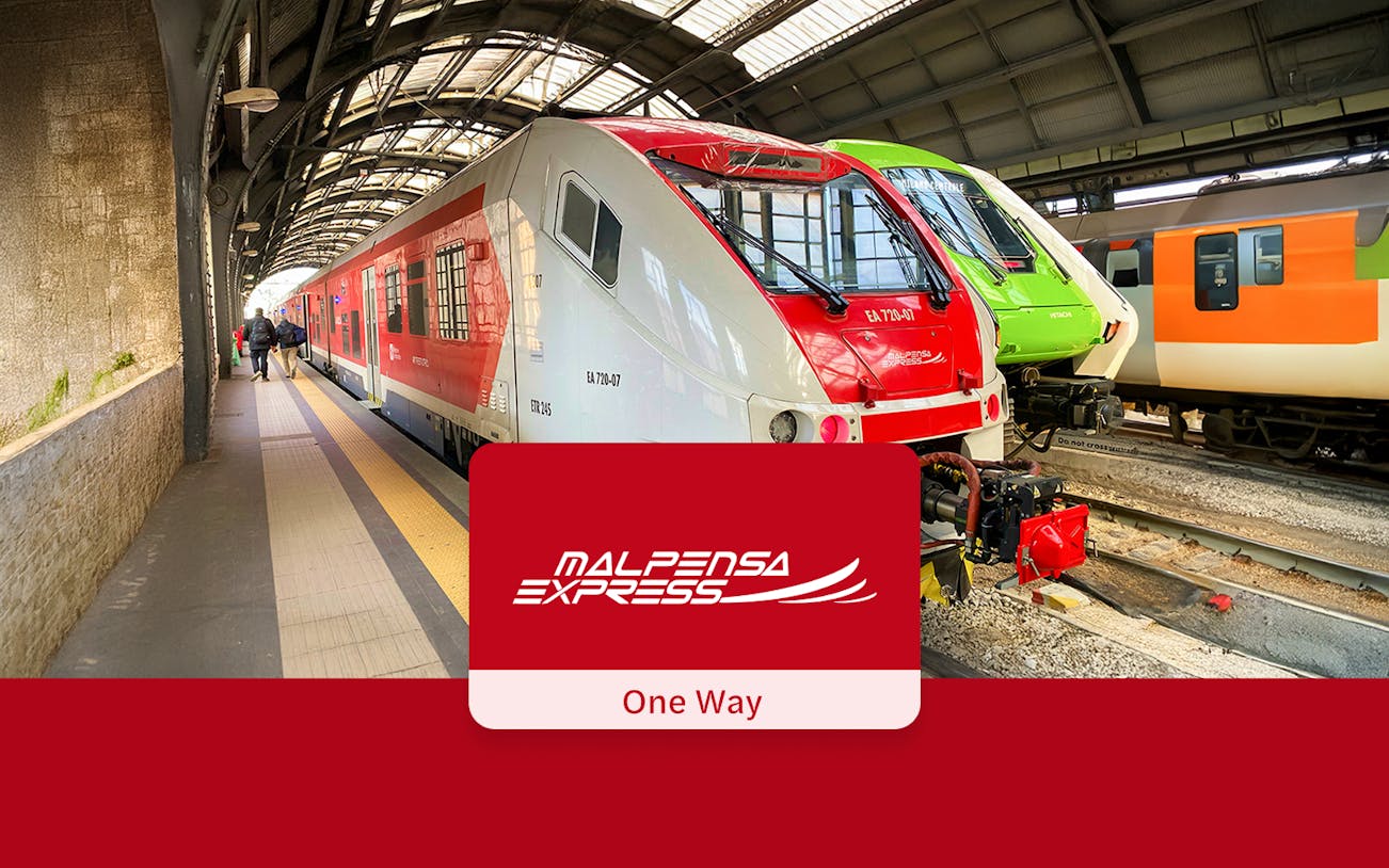 Malpensa Express train at Milan station platform for airport transfers.