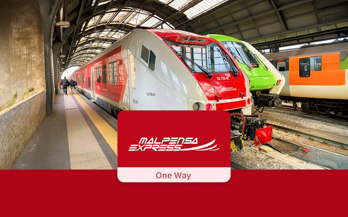 Malpensa Express train at Milan station platform for airport transfers.