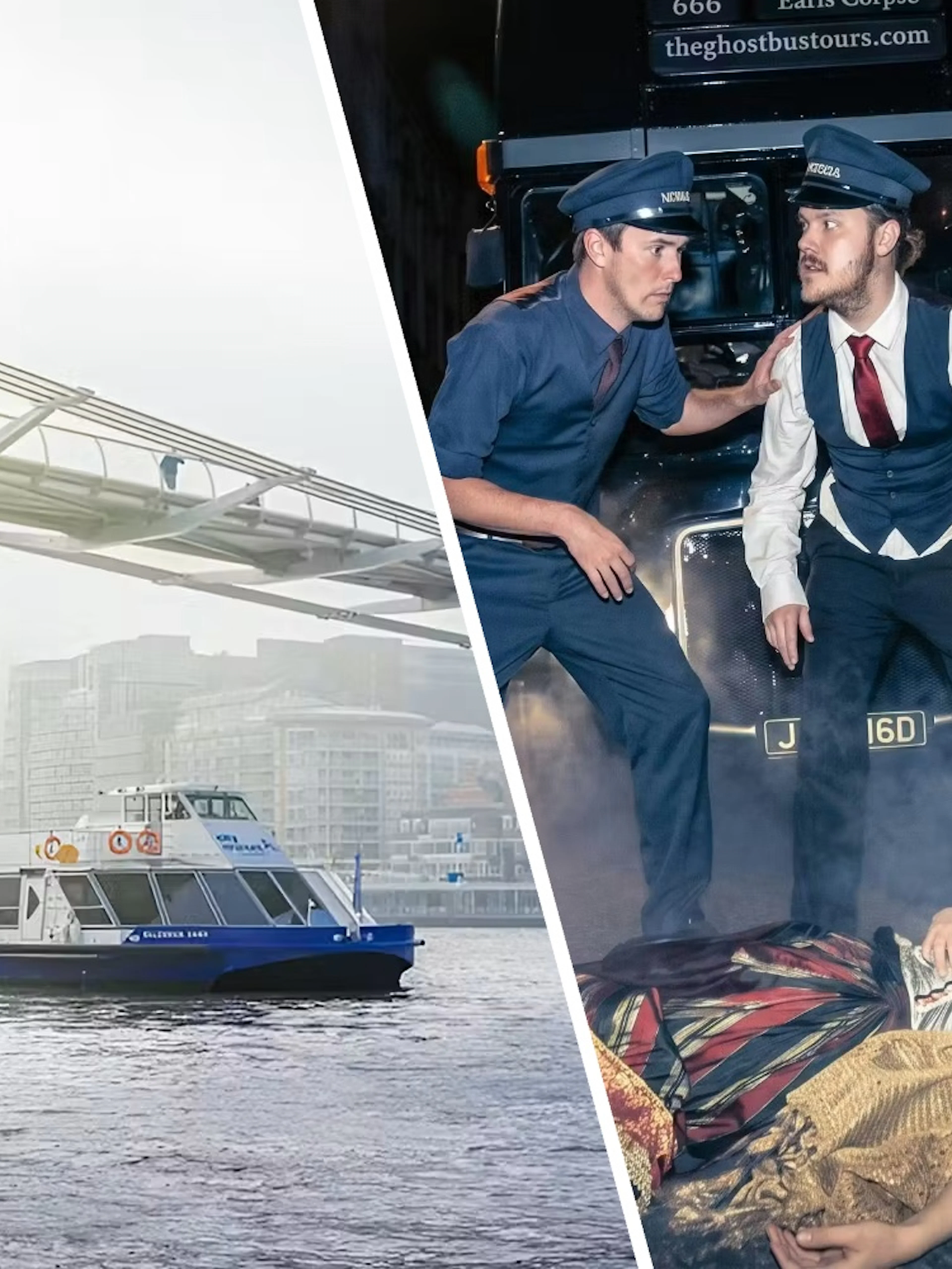 River Thames cruise boat under Millennium Bridge and actors in a London ghost bus tour scene.