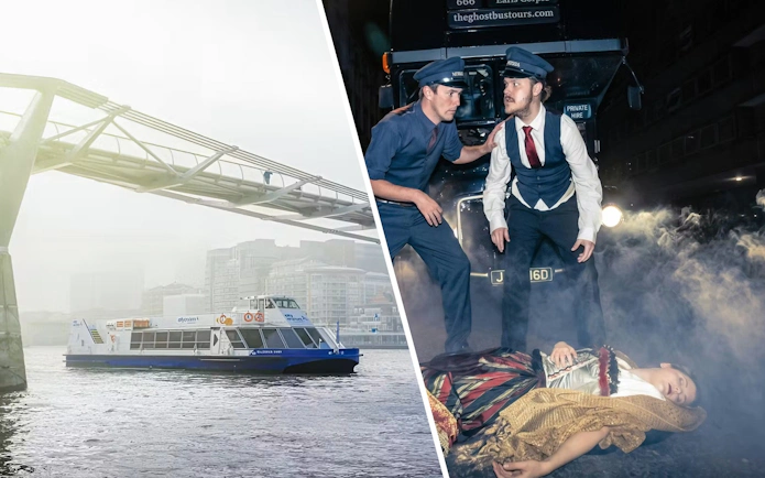 River Thames cruise boat under Millennium Bridge and actors in a London ghost bus tour scene.